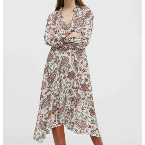 Banana Republic V-Neck Tie Ruffled Long Sleeve Paisley Peasant Midi Dress 8 - Picture 3 of 10